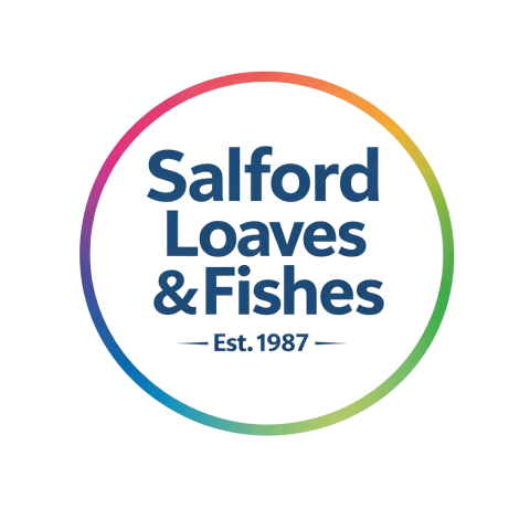 A rainbow circle with the text 'Salford Loaves & Fishes' inside