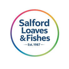 A rainbow circle with the text 'Salford Loaves & Fishes' inside